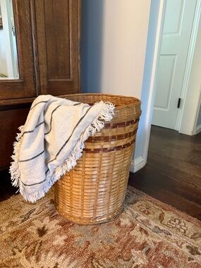 Vintage Woven Rattan Laundry Basket with Natural Honey Finish